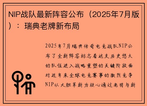 NIP战队最新阵容公布（2025年7月版）：瑞典老牌新布局